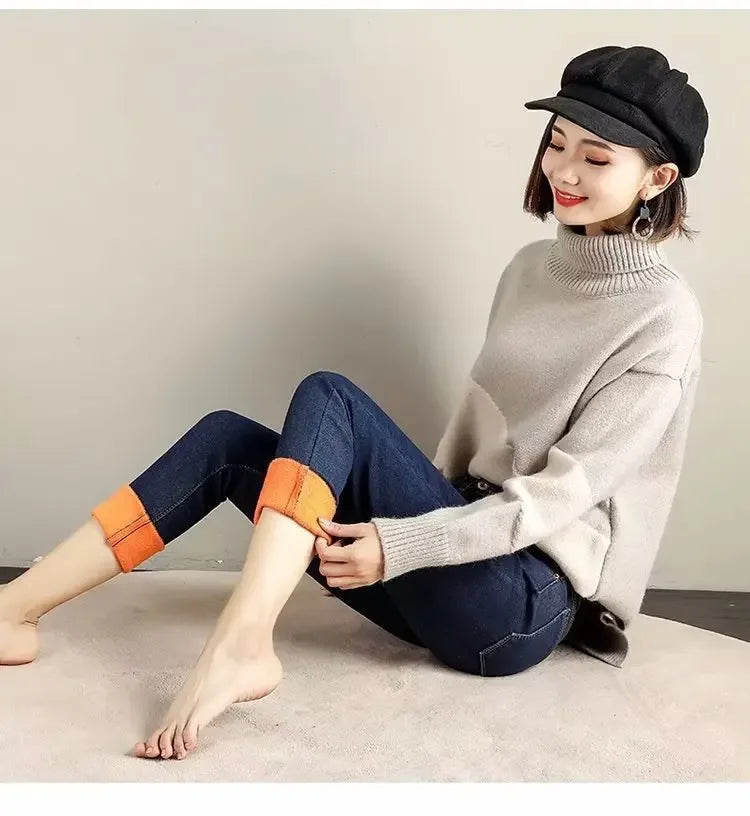 High Waist Fleece Lined Skinny Jeans Women's Autumn Winter New Style Pure Color Slimming Tight Fit Ankle Length Pants