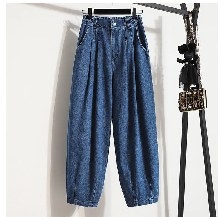 Oversized Women Jeans Spring Elastic Waist Wide Leg Loose Denim Harem Pants Large Size Female Baggy Pants