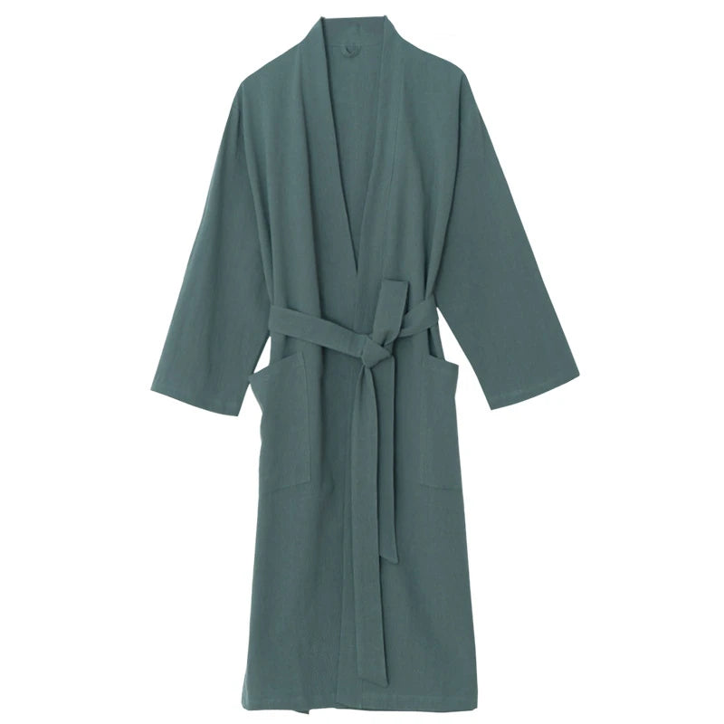 70% Cotton 30% Linen Kimono Bathrobe Nightgown 2025 New Loose Men And Women Dressing Gown Sleepwear Nightwear Solid Hotel Robe