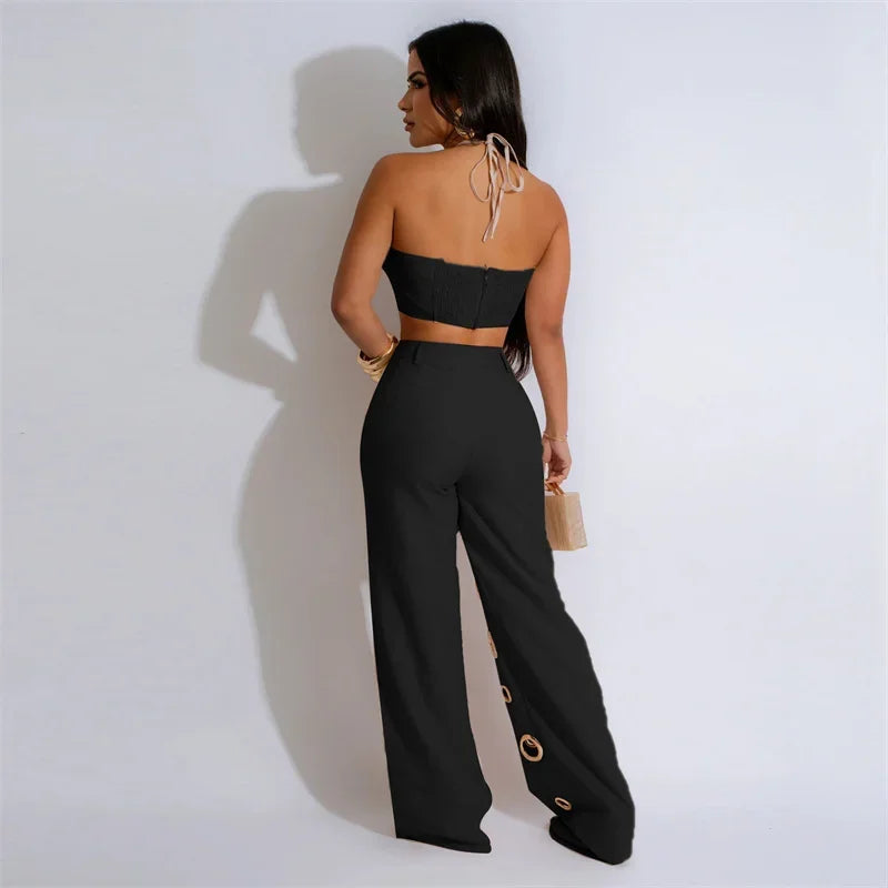 Sexy Night Party 2 Piece Sets Women Outfit Clubwear Festival Clothing Halter Strapless Crop Top and Hollow Out Wide Leg Pants