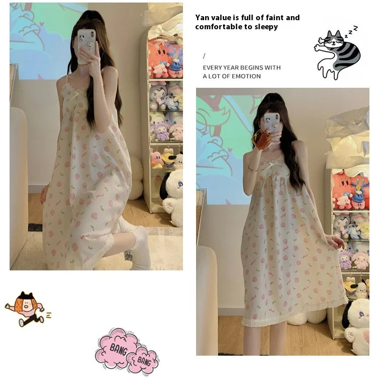 With Chest Cushion Halter Nightgown Female Summer Floral Breathable Thin Section of the Princess Style Loose Knee-Length Pajamas