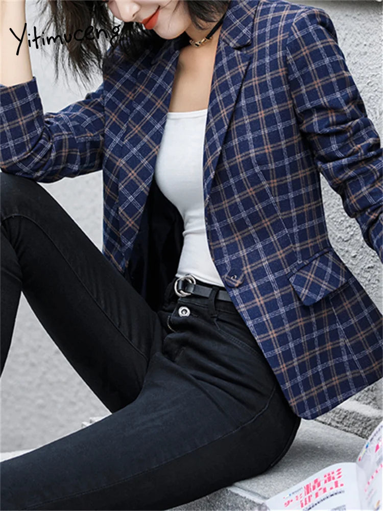 Yitimuceng Plaid Wool Blazers for Women 2026 New Office Ladies Long Sleeve Jacket Vintage Turn Down Collar Single Button Coats