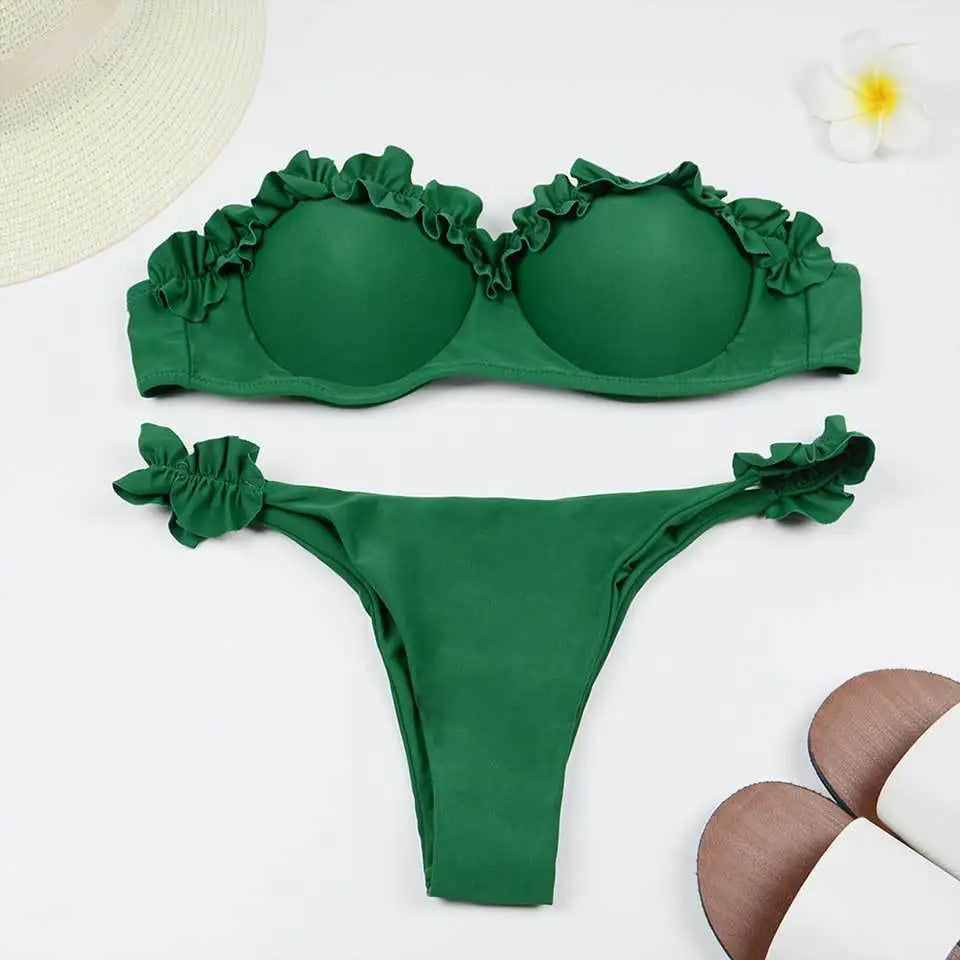 sexy ruffles strapless bikinis sets women leopard print swimsuit two pieces biquini push up bandeau lady swimwear bathing suits