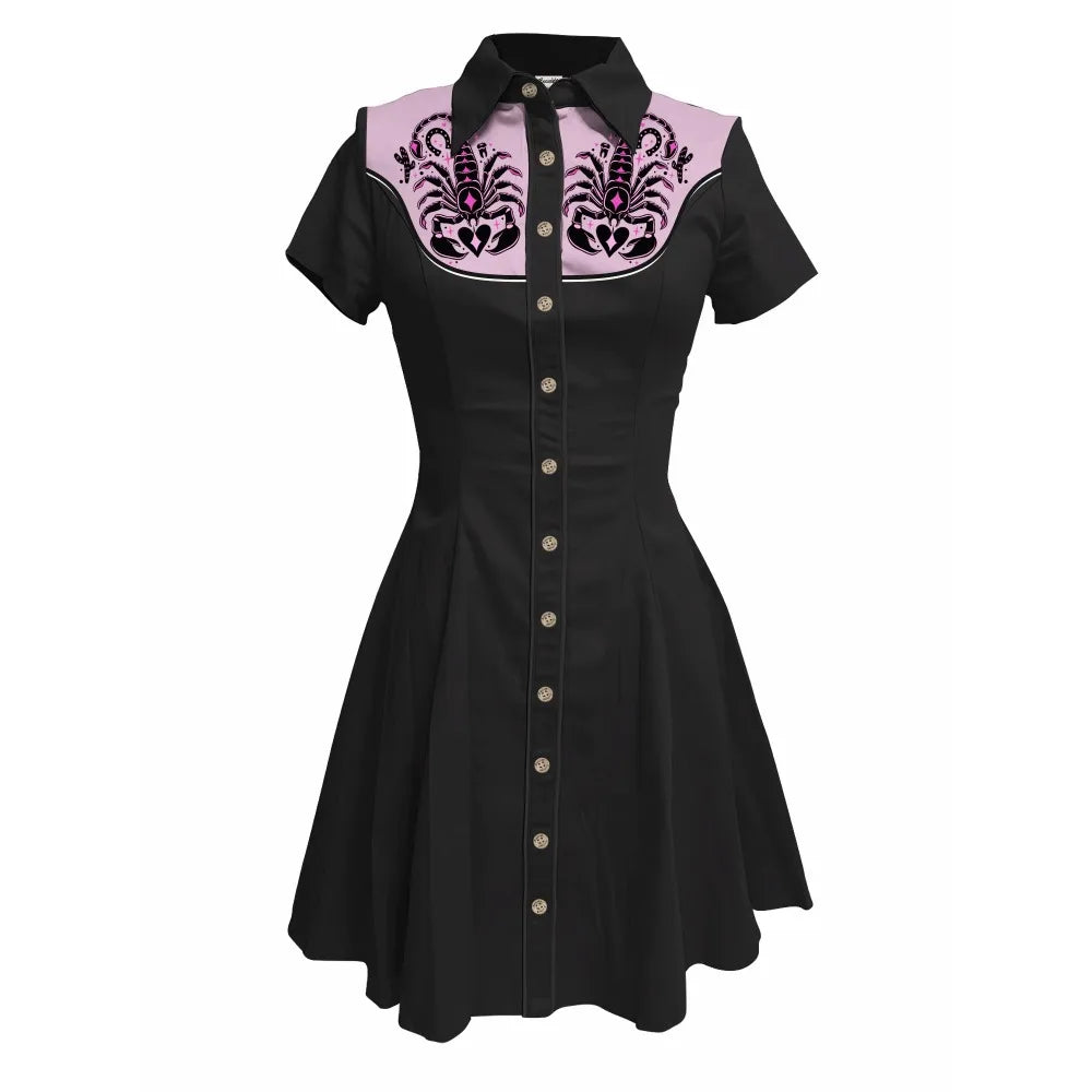 Flowers and Scorpions Printed Western Cowboy Dress for Women Sexy Girly Button-down Dress Short Sleeves 100% Cotton Summer Dress