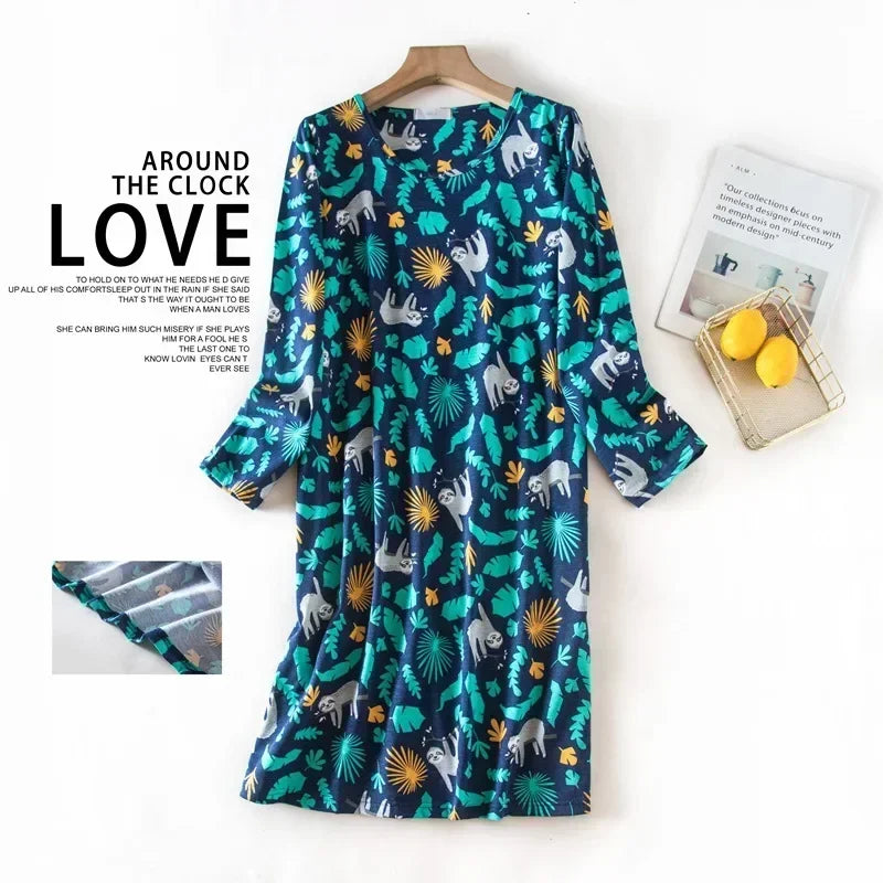 Knitted Cotton Women Plus Size Lingere Nightgown Loose Nightdress Long Sleeve Night Gown Cute Cartoon Home Dress Sexy Sleepwear