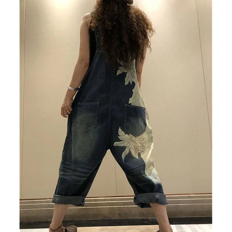 Amax luluE 2025 Korean Fashion Spring Female Printed Denim Overalls Ladies Vintage Casual Jeans Women Loose Trousers Wide Pants