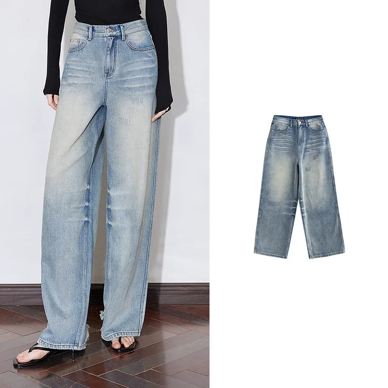 TOYOUTH Women Denim Jeans 2025 Spring New Mid Waist Wide Leg Straight Casual Long Pants