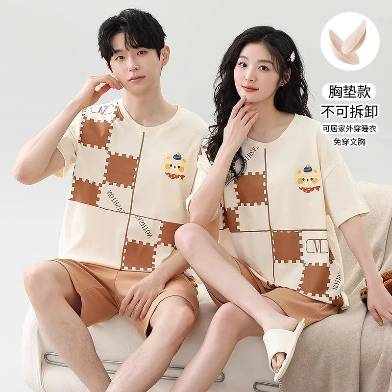 Couples Home Suit Women's Sleepwear Suit Man's Pajamas Set Cotton Short Sleeves Sleep Tops Shorts Pyjamas Nightwear Mujer Homme