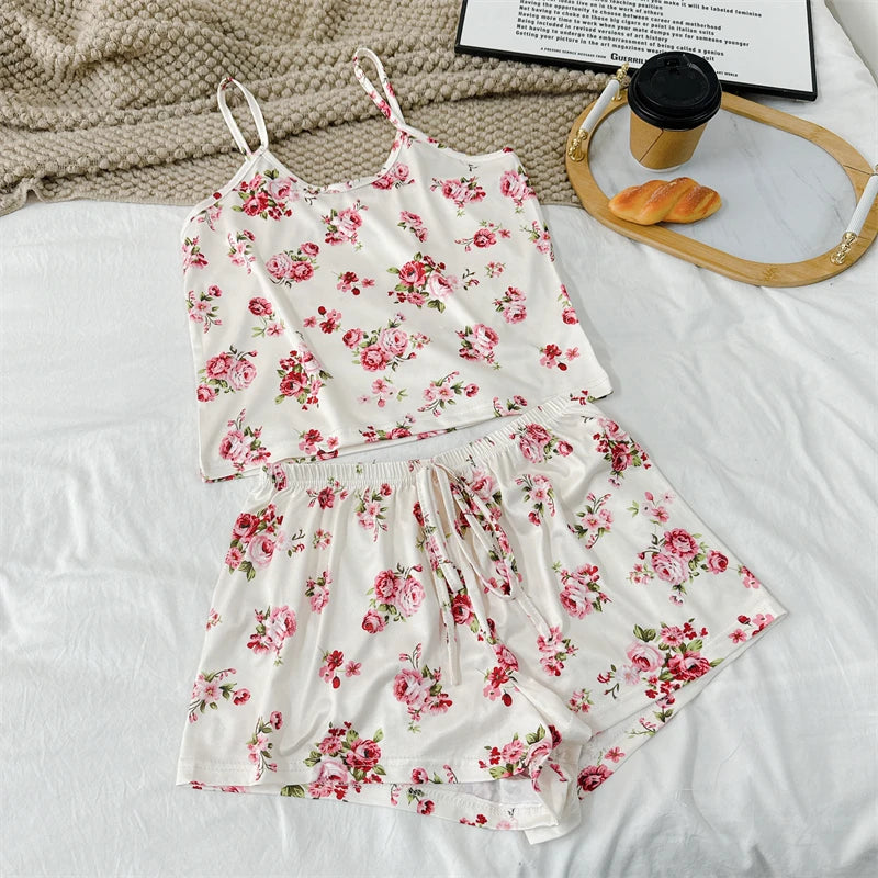 Summer Women's Cherry Print Pajama Set Sexy Ice Silk Sleeveless Vest and Shorts Girls Casual Cute Printed Sleepwear for Lounging
