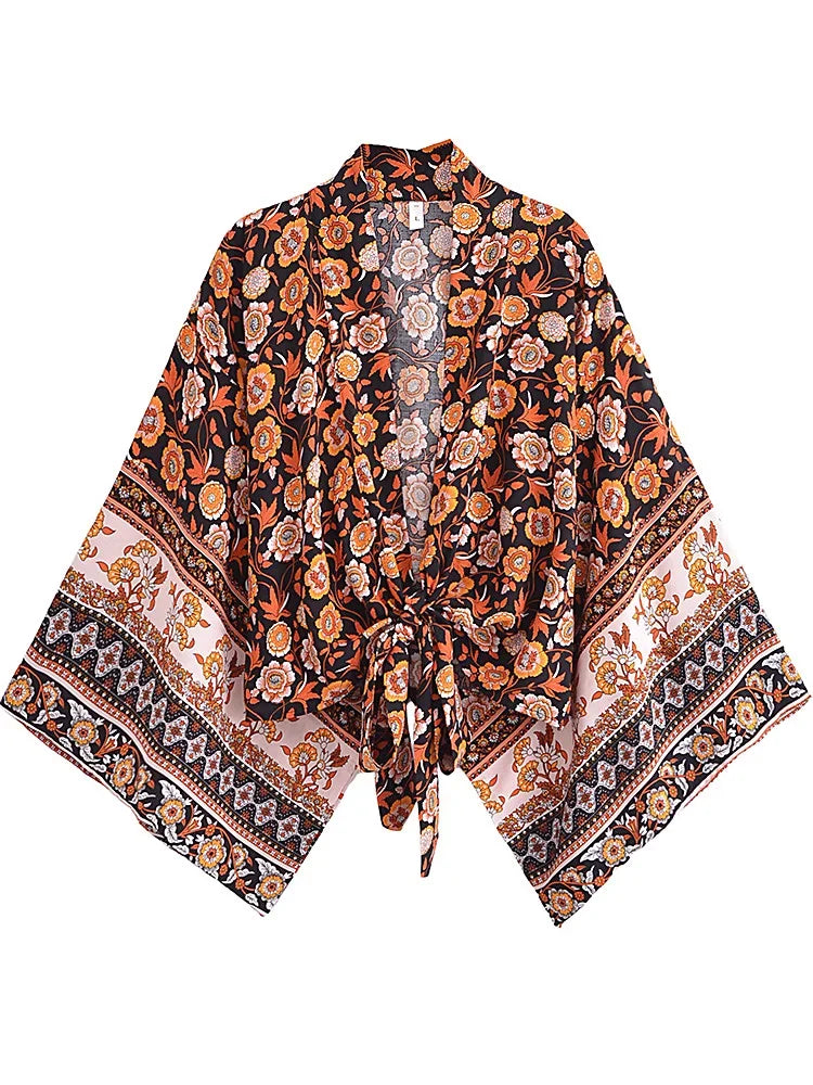 Vintage Women Fashion Boho Kimono Short Robe Swimsuits Floral Batwing Sleeves Rayon Bohemian Bikini Cover Ups Beachwear