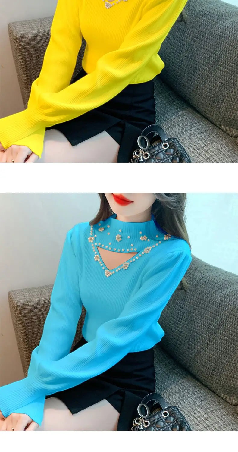 Autumn Winter Fashion Embroidered Flares Solid Color Half Height Collar Pullovers Ladies Fashionable Hollow Out Knitting Sweater