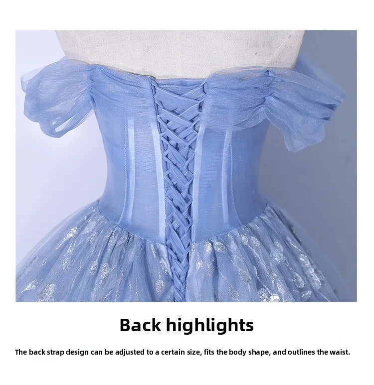 One Shoulder Evening Dress 2026 Summer New Haze Blue Vocal Art Exam Piano Performance Puffy Skirt Annual Meeting Evening Dress