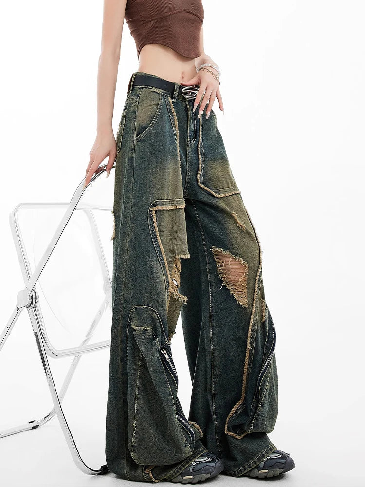 Women Y2k Baggy Cargo Jeans Harajuku Oversize Ripped Denim Trousers Vintage Japanese 2000s Style Jean Pants Trashy Clothes 2024