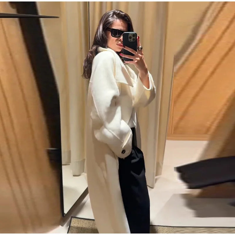 Elegant Stand Collar Long Woolen Coat Women Loose Full Sleeve Single Breast Warm Overcoat 2026 Spring Lady Outwear New