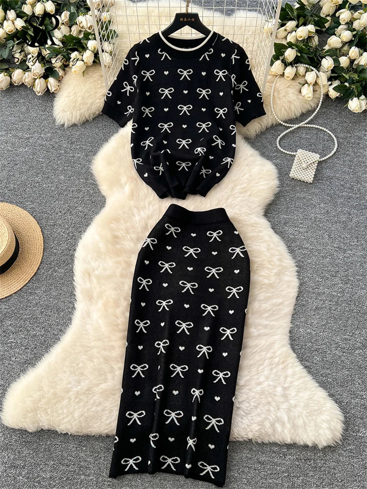 SINGREINY Newest Summer Knitting Suits O Neck Basic Tops+High Waist Sheath Long Skirt Bow Print Chic Casual Women 2pcs Sets