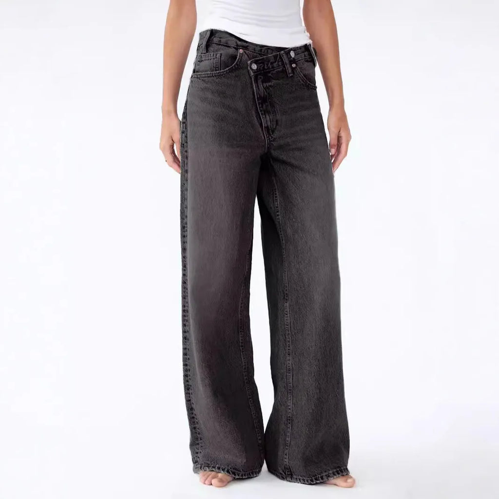 2025 Asymmetrical Diagonal Buckle Sense Design Wide-leg Jeans. Women's Four Seasons New Street Fashion Retro Casual Loose Jeans