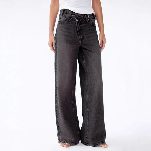 2025 Asymmetrical Diagonal Buckle Sense Design Wide-leg Jeans. Women's Four Seasons New Street Fashion Retro Casual Loose Jeans