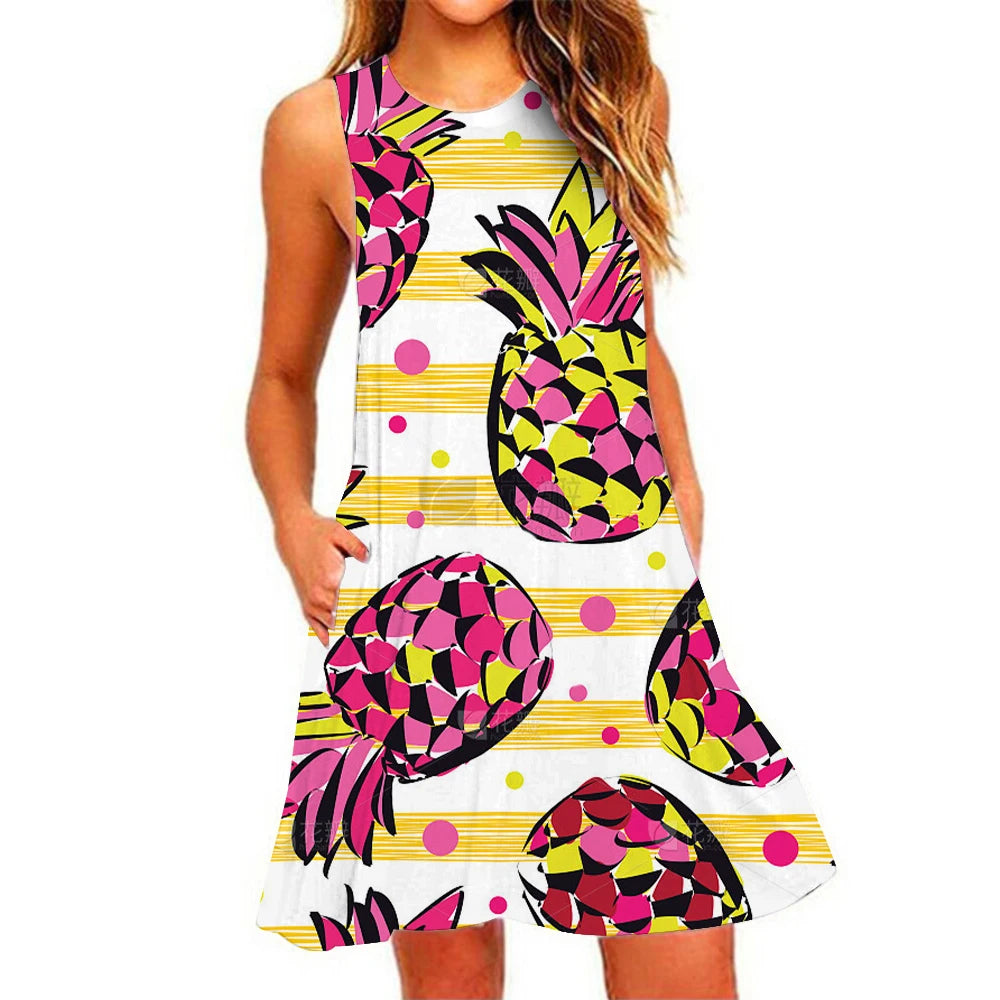 Summer New Women's Dresses Beach Casual Pineapple Printed Sleeveless Short Dress Round Neck Breathable Elastic Short Dresses