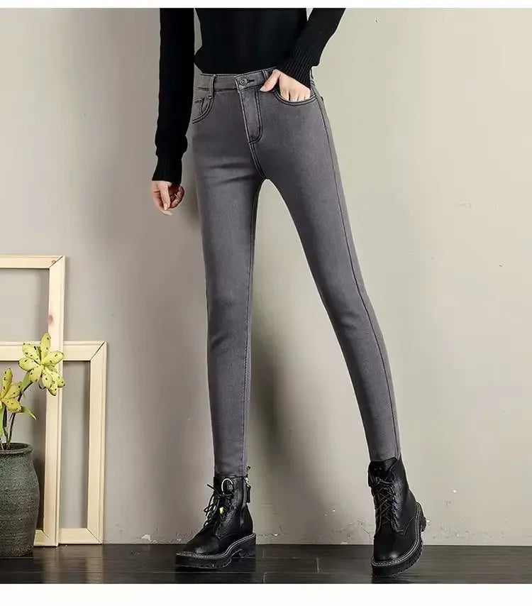 High Waist Fleece Lined Skinny Jeans Women's Autumn Winter New Style Pure Color Slimming Tight Fit Ankle Length Pants