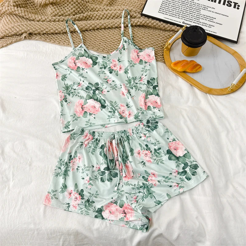 Summer Women's Cherry Print Pajama Set Sexy Ice Silk Sleeveless Vest and Shorts Girls Casual Cute Printed Sleepwear for Lounging
