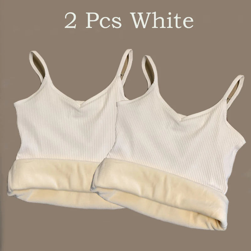 2PCS Women Winter Warm Underwear T-shirt Set Solid Color Thermal Casual Nightwear Sexy Elasticity Thin  Velvet Sleeveless Tops