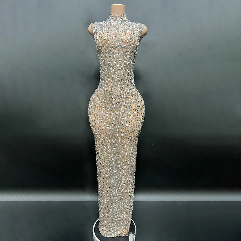 Sexy Full Drill Elastic Slim Fit Sleeveless Long Dress - Hip Wrap, For Host Stage Catwalk & Engagement Evening High-Slit Dresses
