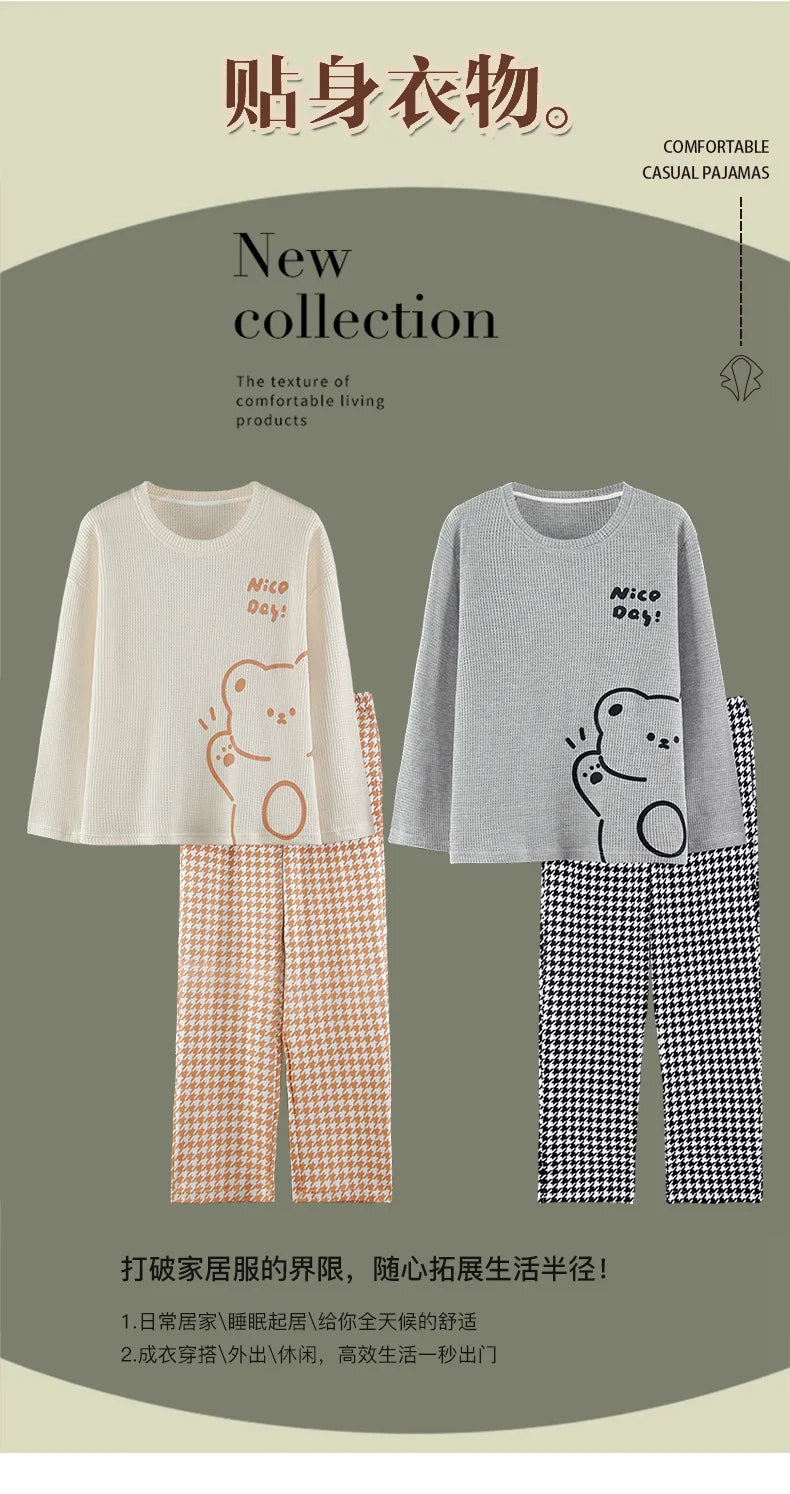 Couple Long Sleeves Sleepwear Autumn Winter Cotton Pajama Sets Print Pants Homewear Kawaii Clothes 2 Piece Sets Nightwear Lovers