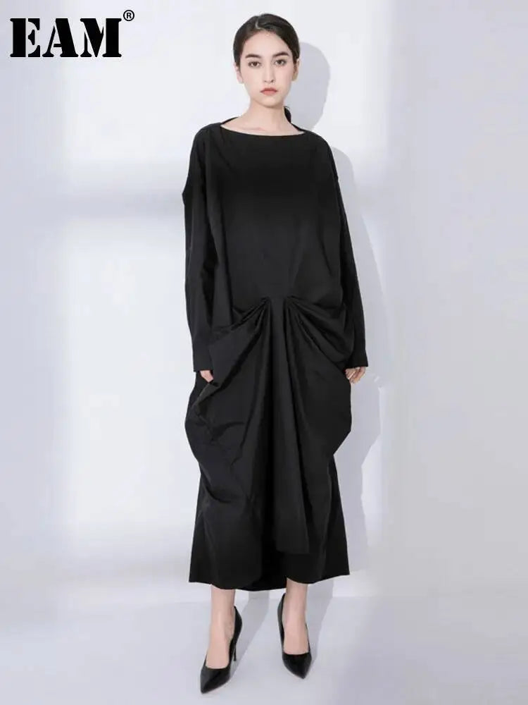 EAM Women Black Big Size Irregular Pleated Dress New Round Neck Long Sleeve Loose Fit Fashion Tide Spring Autumn 2026 31A0020