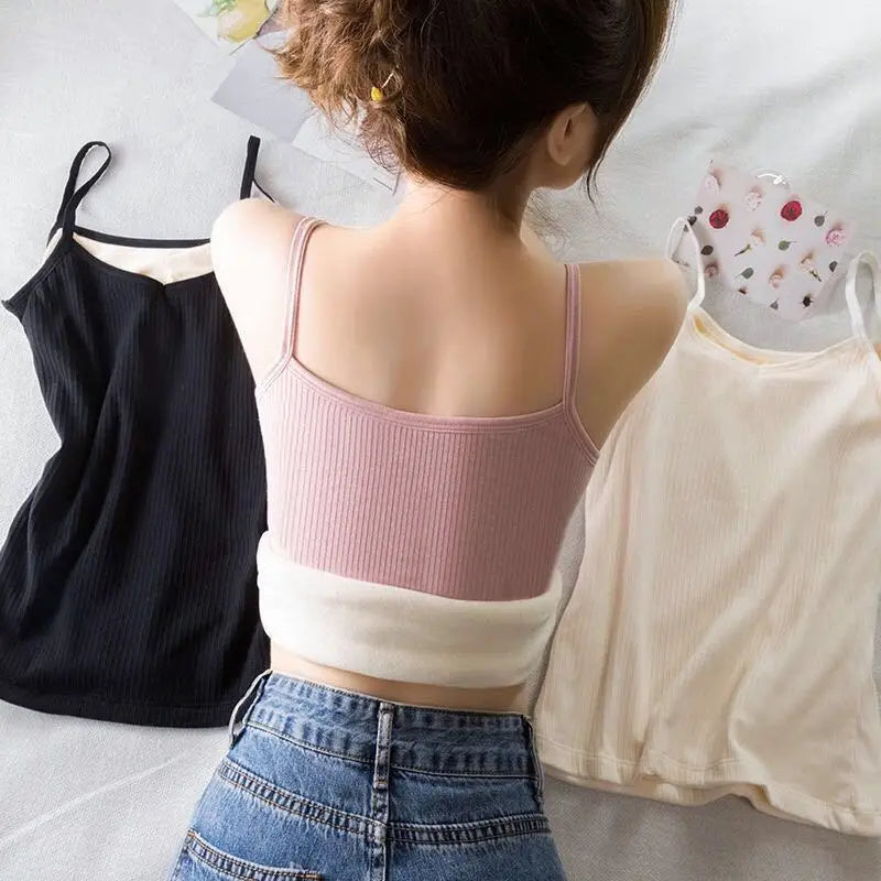 2PCS Women Winter Warm Underwear T-shirt Set Solid Color Thermal Casual Nightwear Sexy Elasticity Thin  Velvet Sleeveless Tops
