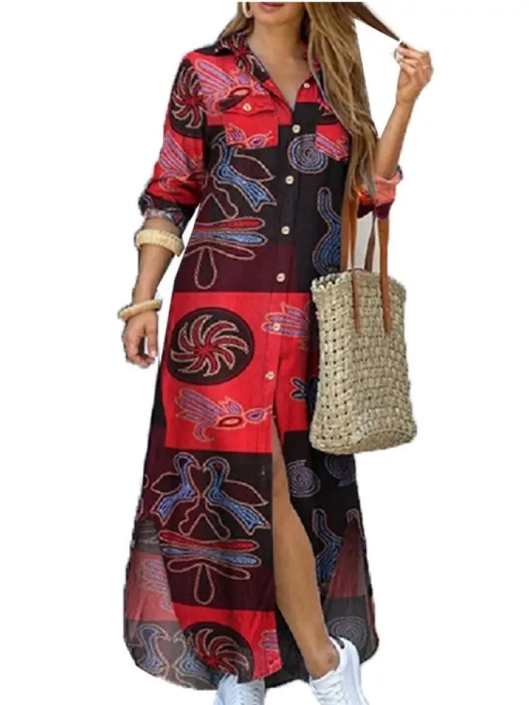 Camouflage Leopard Letters Floral Printed Dresses for Women 2025 Buttons Long Sleeve Loose Split Casual Solid Maxi Dress Robe