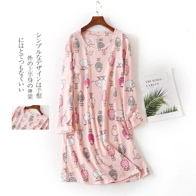 Knitted Cotton Women Plus Size Lingere Nightgown Loose Nightdress Long Sleeve Night Gown Cute Cartoon Home Dress Sexy Sleepwear