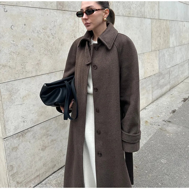 Elegant Stand Collar Long Woolen Coat Women Loose Full Sleeve Single Breast Warm Overcoat 2026 Spring Lady Outwear New