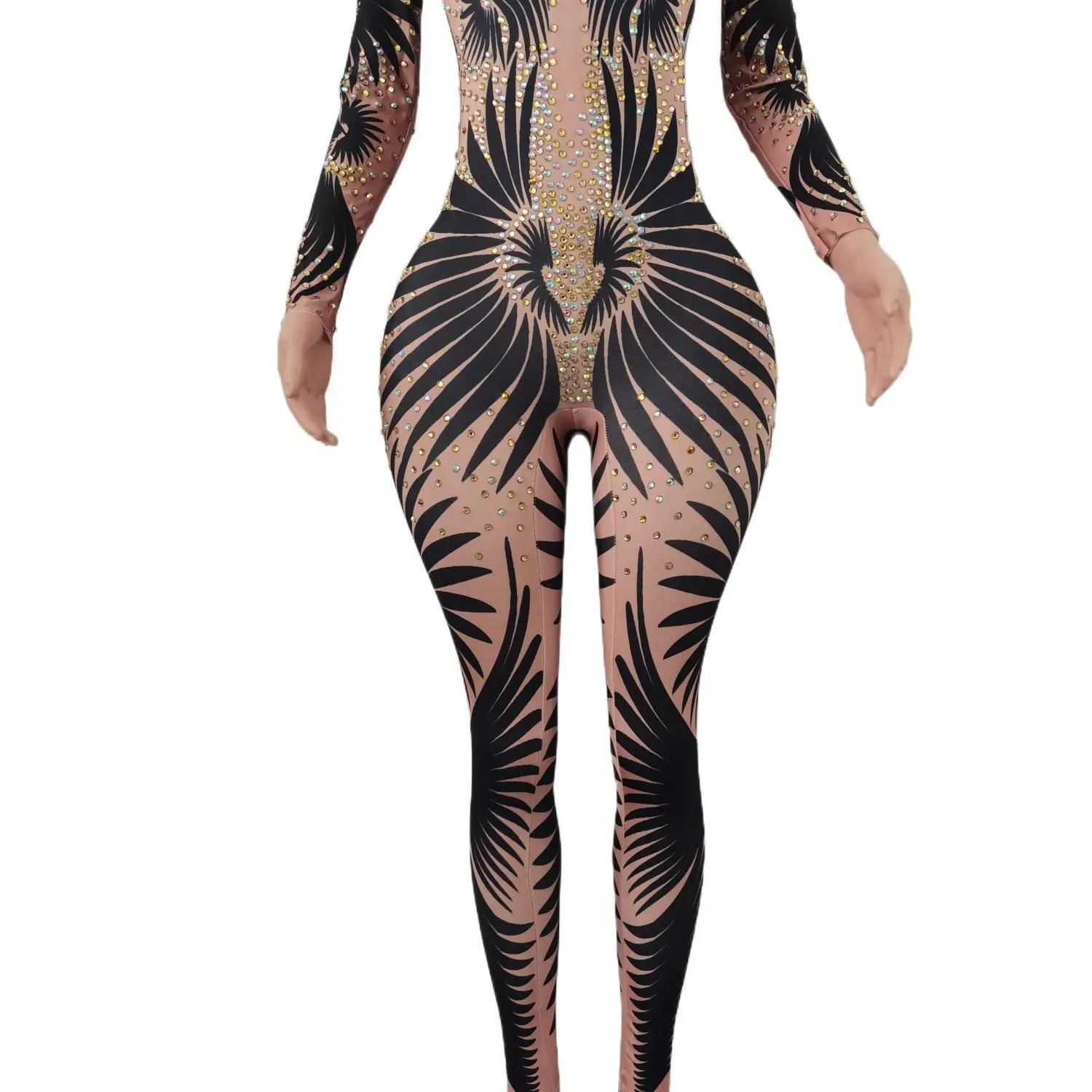 Sparkly Stone Feather Print Jumpsuit Women Sexy Birthday Party Bodysuit Prom Dresses Pole Dancer Performance Costume Feibiao