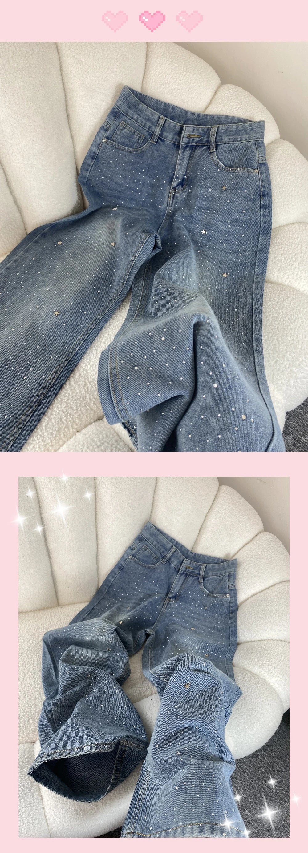 Shiny Diamond Bling Denim Pants Spring Autumn Women High Waist Straight Wide Leg Jeans Glitter Rivet Loose Blue Denim Pants ﻿