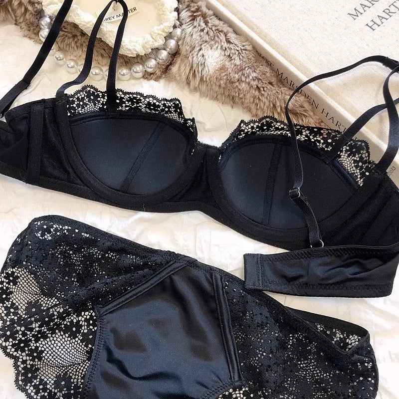 Lace Half-Cup Bra and Panty Set for Small Busts, With Soft Underwire to Gather and Lift, And a Sexy, Lightweight Bra Set.