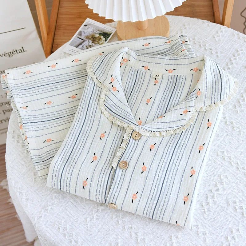 100% Cotton Gauze Women Pajamas 2025 New Spring/Autumn Sleepwear Female 2 Piece Set Nightwear Lady Pyjamas Loungewear