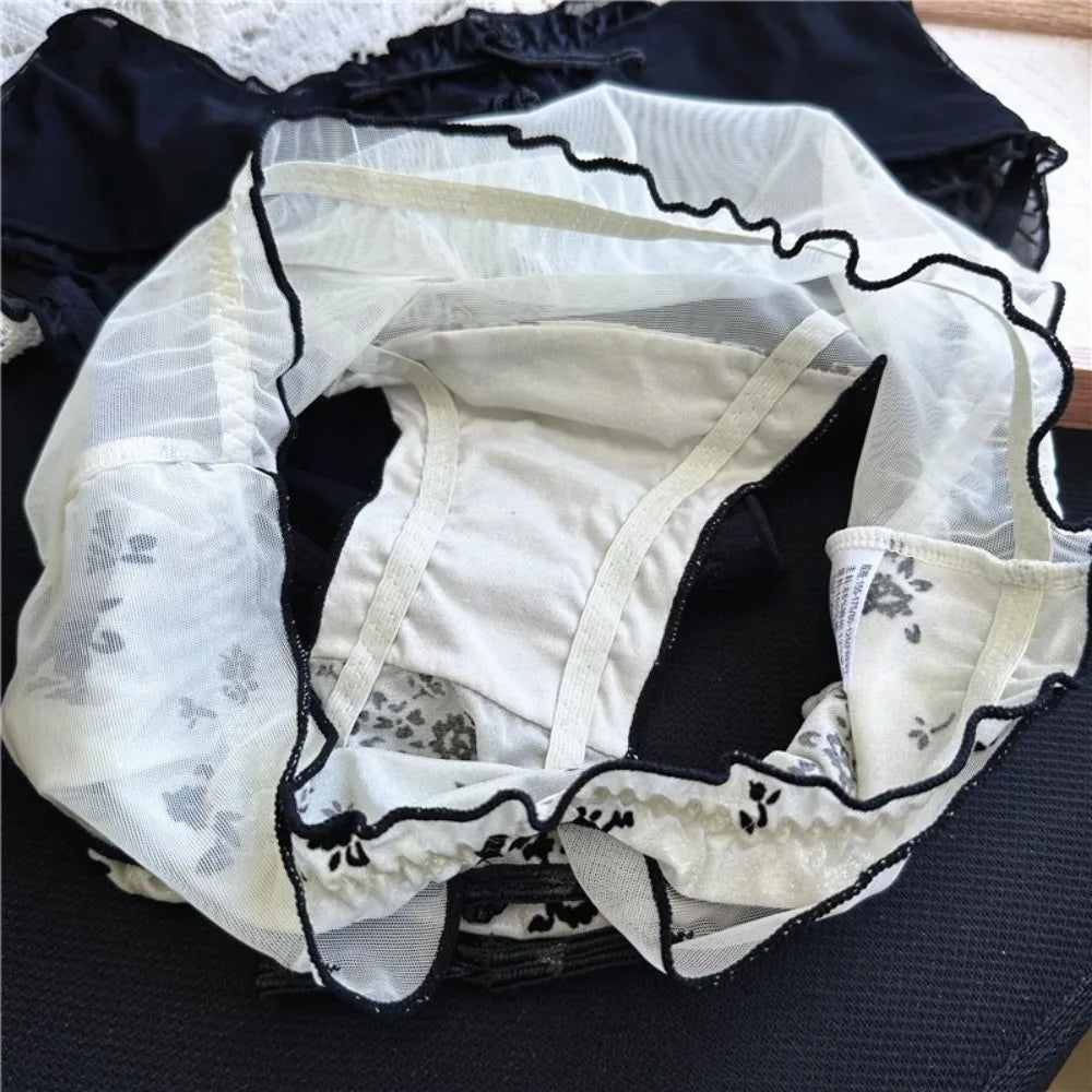 Lingerie Low Waist Women Underwear Ruffle Mesh Chinese Style Briefs Buckle Design Transparent Ice Silk Panties Retro Style