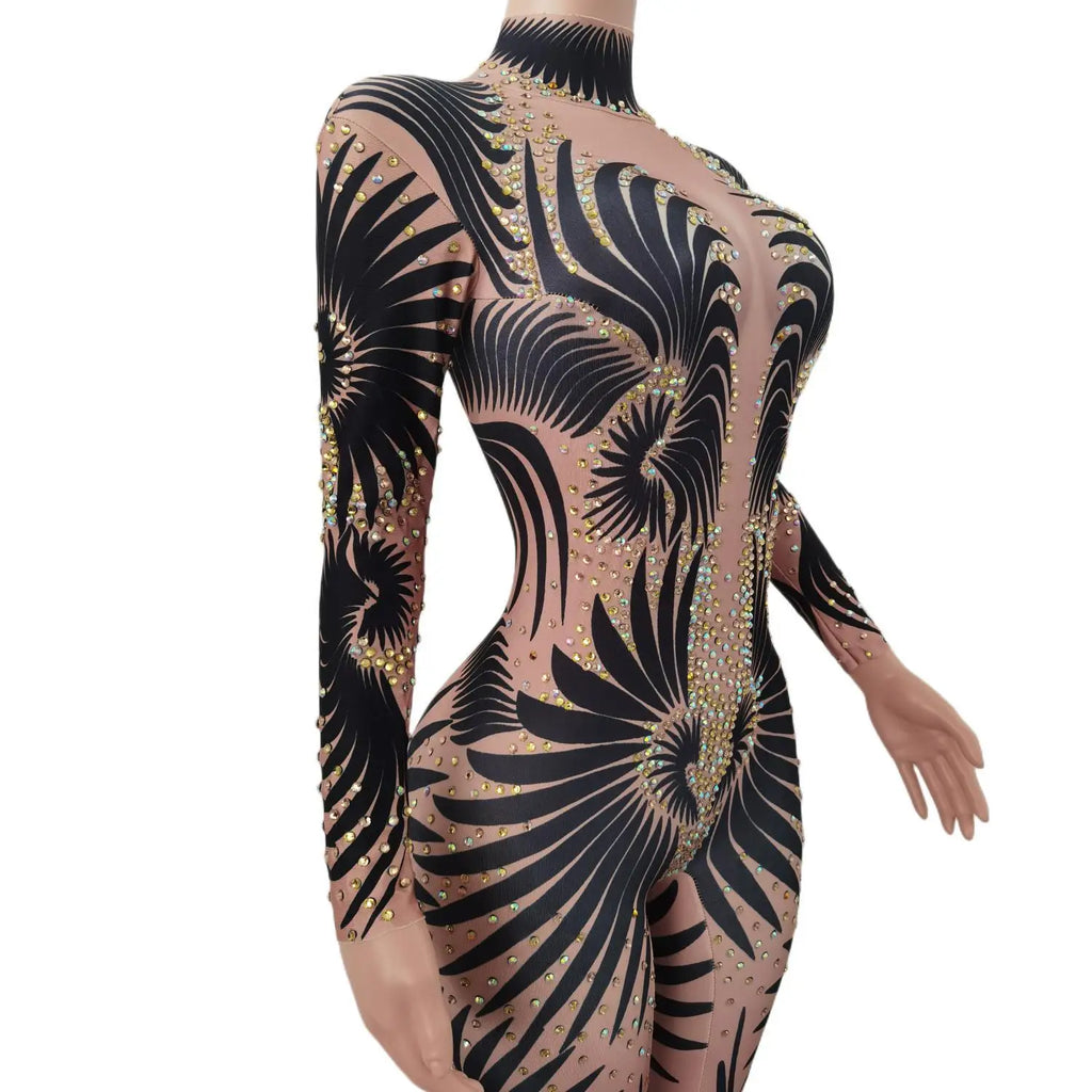 Sparkly Stone Feather Print Jumpsuit Women Sexy Birthday Party Bodysuit Prom Dresses Pole Dancer Performance Costume Feibiao