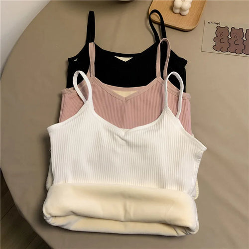 2PCS Women Winter Warm Underwear T-shirt Set Solid Color Thermal Casual Nightwear Sexy Elasticity Thin  Velvet Sleeveless Tops