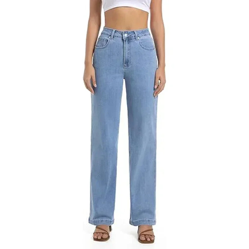 Women High Waist Straight Leg Jeans Female Comfortable Stretch Basic Denim Pants Woman Classic Cheap Black Gray White Trousers