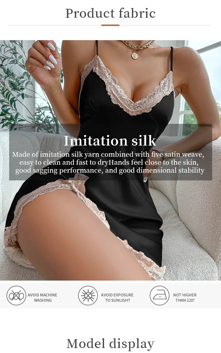 Summer Contrast Lace Silk Satin Nightdress for Women Sleepwear Deep V Backless Lace Up Split Slip Sleep Dress Nightgown