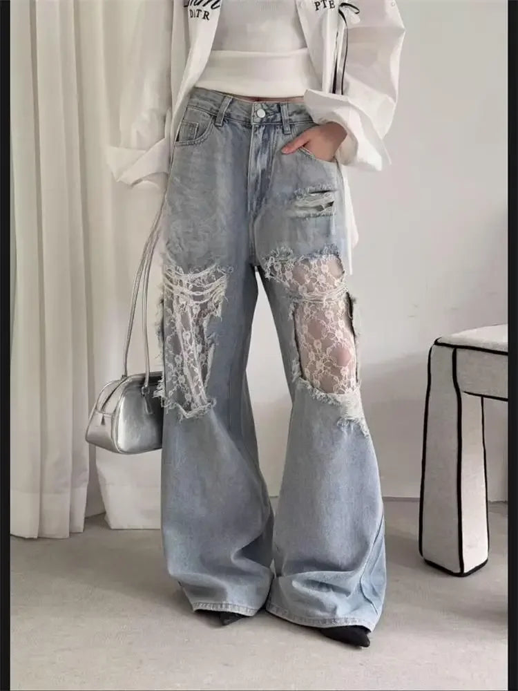Women High Waist Wide Leg Jeans Summer Patchwork Lace Denim Pants with Large Holes |Retro Casual Trousers for Women