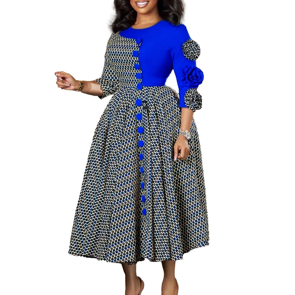 Elegant Dresses for Women 2026 Fall Fashion African 3/4 Sleeve Party Birthday New Robe Chic 3D Flower Plaid Evening A-Line Dress