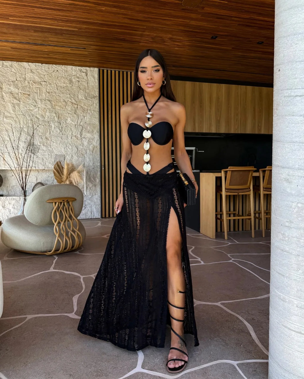 3 Pcs Swimwear with Skirt Women High Leg Bandage Swimsuit Tie-Neck Bathing Suit Halter Slit Skirt Beach Dance Robe