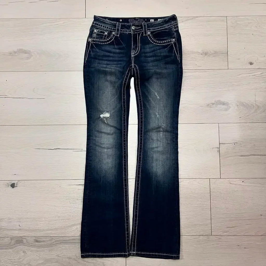 American 2000s Trend Women Jeans Rhinestone Embroidered Pocket Flanging Korean Version Oversized straight Denim Bell-Bottom