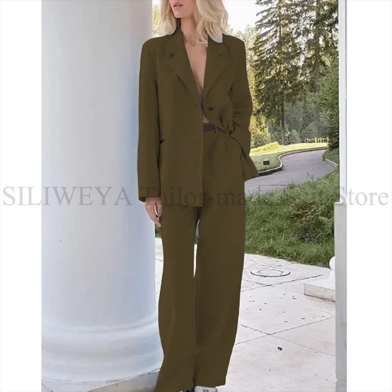 Elegant Light Blue Linen Women Suit Single Brested Jacket Pants 2 Piece Female Clothing Loose Casual Office Lady Balzer Set