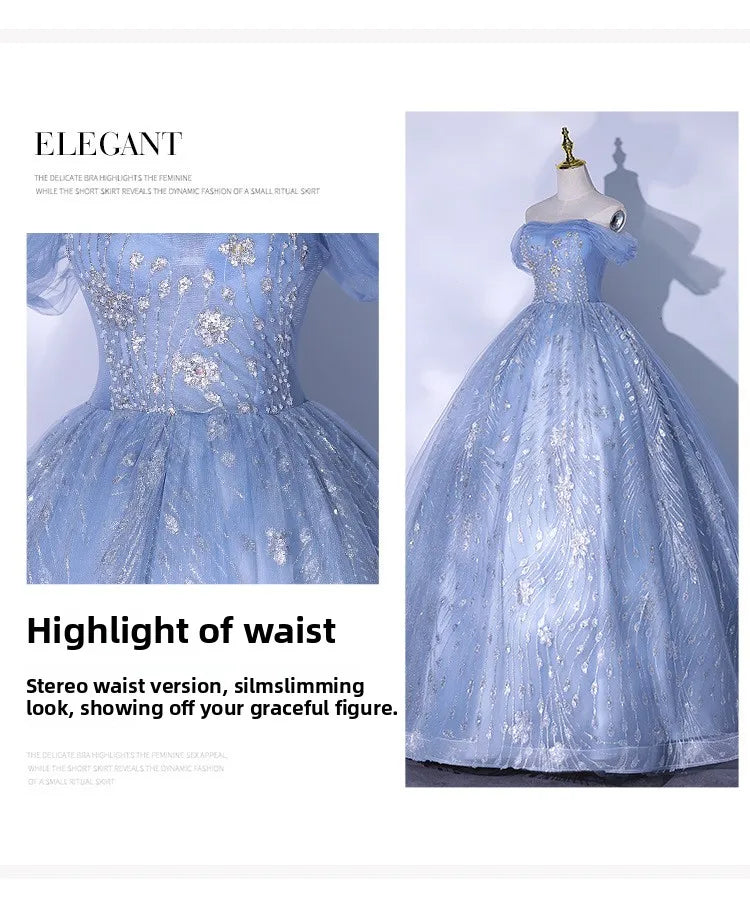 One Shoulder Evening Dress 2026 Summer New Haze Blue Vocal Art Exam Piano Performance Puffy Skirt Annual Meeting Evening Dress