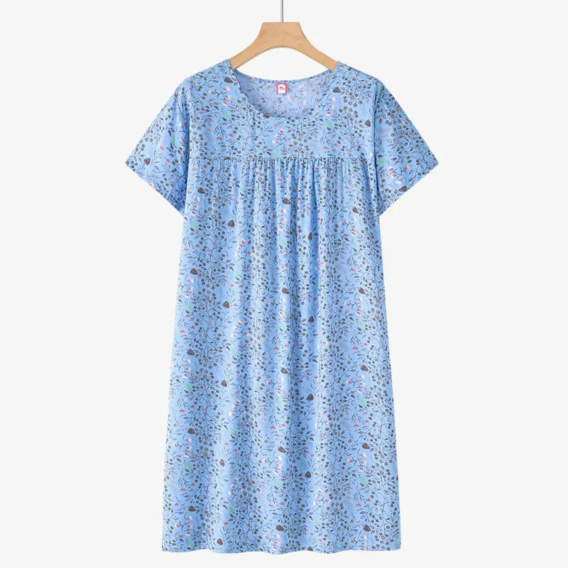 Middle-Aged and Elderly Cotton Silk Short-Sleeved Nightgown Homewear Women New Pajamas Thin Section Loose Homewear Dress Summer