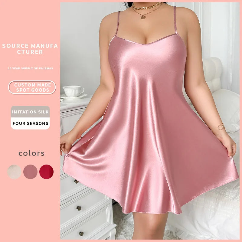 Plus Size Solid Silk Satin Women Nightgown Cross Back Pajama Dress V Neck Female Sleepwear Sleeveless Summer Nightwear Homwear